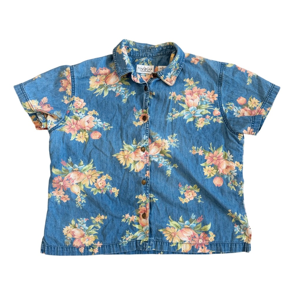 VTG! Villager Sport Floral Denim Button Down Shirt Womens 12 Short Sleeve‎ Boho